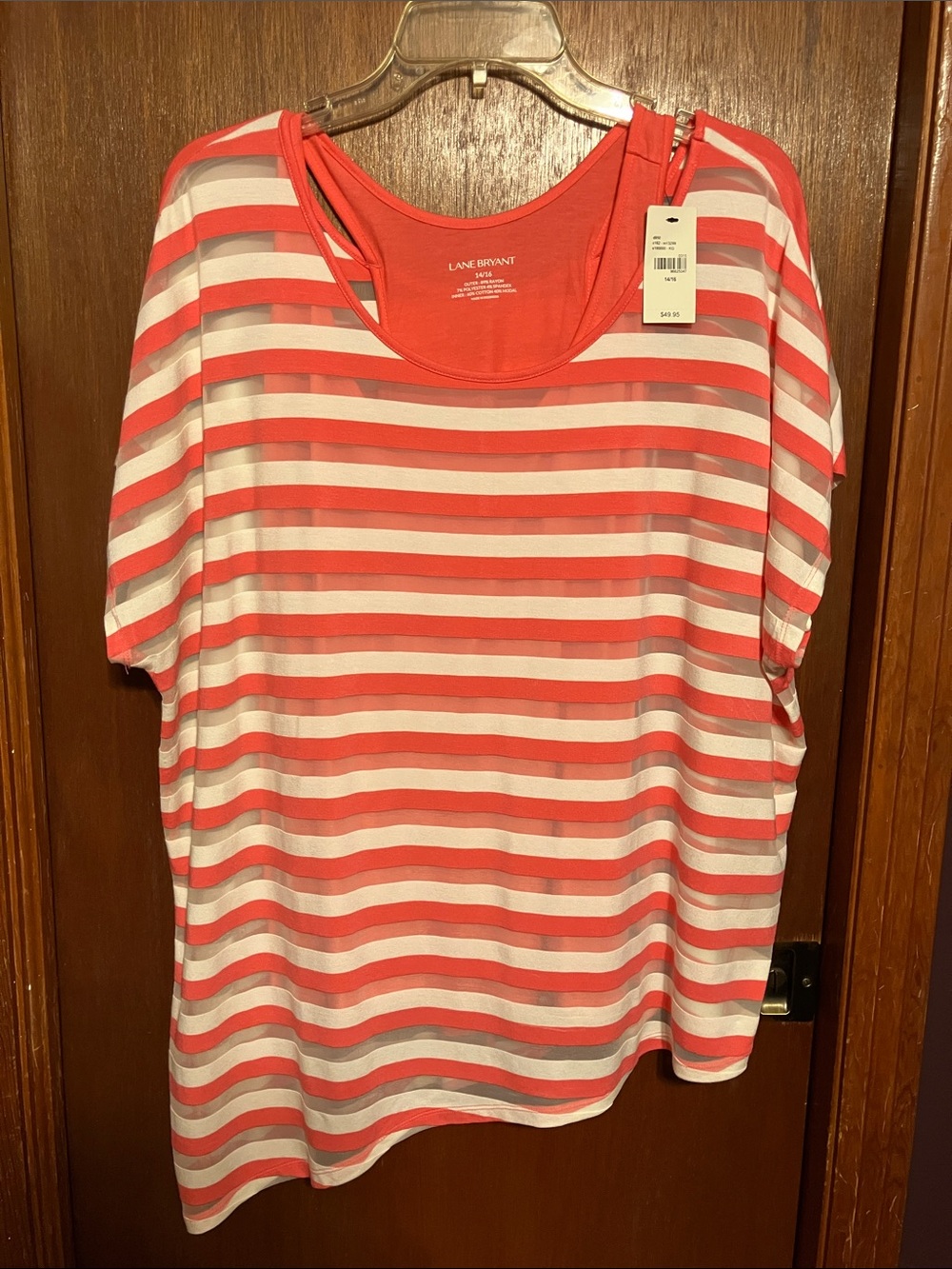 Lane Bryant Coral and White Striped Scoop Neck Tank Top
